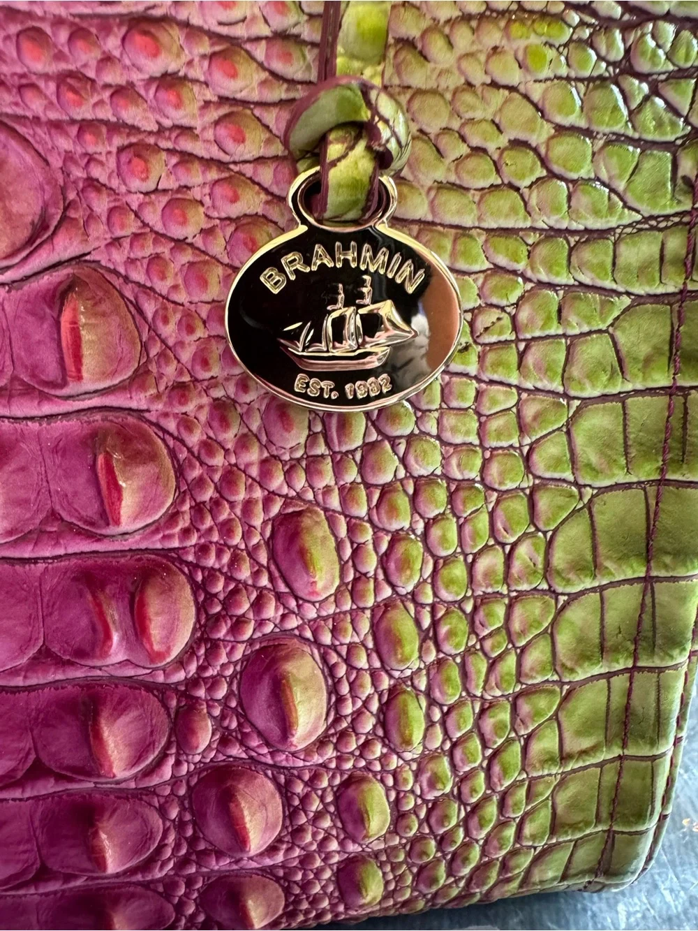 Brahmin Limeade to Fuchsia Ombre Croc-Embossed Satchel